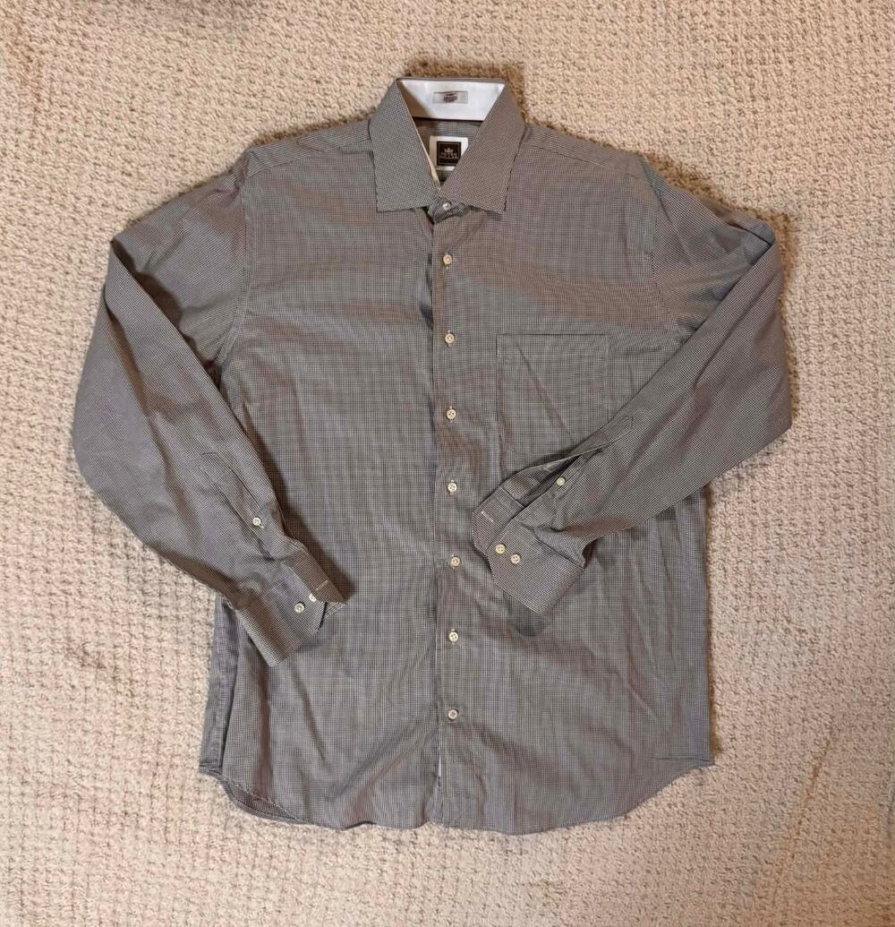 Peter Millar Dress Shirt Mens Large Brown Micro Check Cotton Button Up
